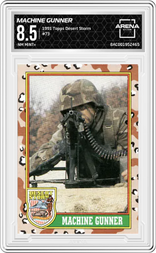 Machine Gunner from the 1991 Topps Desert Storm Trading set graded by Arena Club and given an overall grade of 8.5.