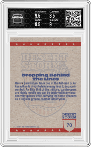 Paratrooper in Flight from the 1991 Topps Desert Storm Trading set graded by Arena Club and given an overall grade of 9.