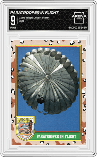 Paratrooper in Flight from the 1991 Topps Desert Storm Trading set graded by Arena Club and given an overall grade of 9.