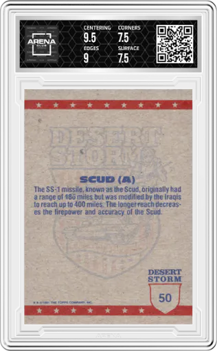 SCUD Missile from the 1991 Topps Desert Storm Trading set graded by Arena Club and given an overall grade of 8.