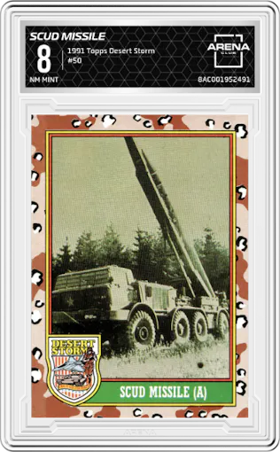 SCUD Missile from the 1991 Topps Desert Storm Trading set graded by Arena Club and given an overall grade of 8.