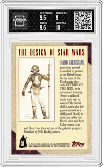 Lando Calrissian from the 1993 Topps Star Wars Galaxy set graded by Arena Club and given an overall grade of 9.5.