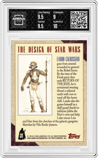 Lando Calrissian from the 1993 Topps Star Wars Galaxy set graded by Arena Club and given an overall grade of 9.5.