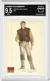 Lando Calrissian from the 1993 Topps Star Wars Galaxy set graded by Arena Club and given an overall grade of 9.5.