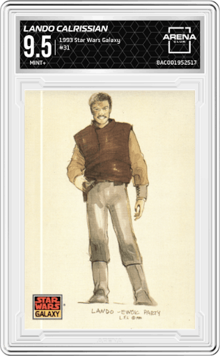 Lando Calrissian from the 1993 Topps Star Wars Galaxy set graded by Arena Club and given an overall grade of 9.5.