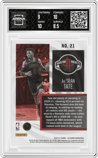 Jae'Sean Tate from the 2020-21 Panini Illusions  set graded by Arena Club and given an overall grade of 9.