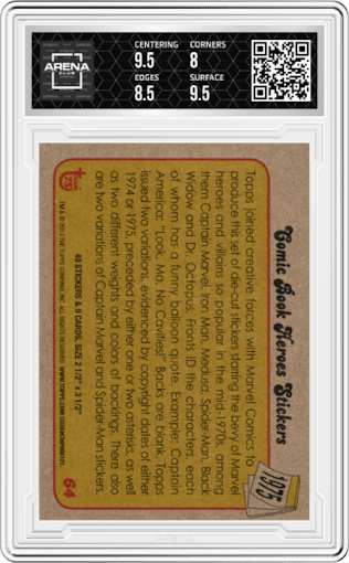 Iron Man from the 2013 Topps 75th Anniversary set graded by Arena Club and given an overall grade of 8.5.