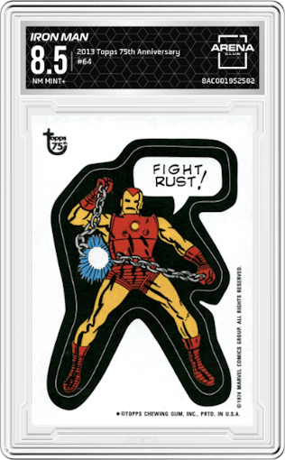 Iron Man from the 2013 Topps 75th Anniversary set graded by Arena Club and given an overall grade of 8.5.
