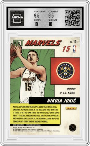 Nikola Jokic from the 2021-22 Panini Donruss set graded by Arena Club and given an overall grade of 10.