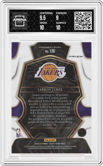 LeBron James from the 2022-23 Panini Select set featuring a Blue Cracked Ice parallel graded by Arena Club and given an overall grade of 9.5.