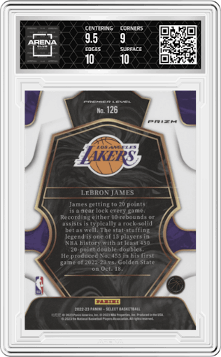 LeBron James from the 2022-23 Panini Select set featuring a Blue Cracked Ice parallel graded by Arena Club and given an overall grade of 9.5.