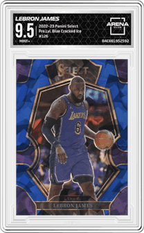 LeBron James from the 2022-23 Panini Select set featuring a Blue Cracked Ice parallel graded by Arena Club and given an overall grade of 9.5.