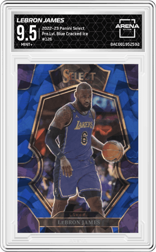 LeBron James from the 2022-23 Panini Select set featuring a Blue Cracked Ice parallel graded by Arena Club and given an overall grade of 9.5.