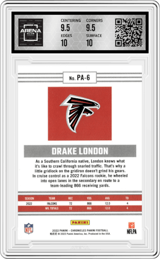 Drake London from the 2022 Panini Chronicles set graded by Arena Club and given an overall grade of 10.