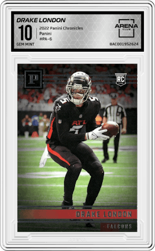 Drake London from the 2022 Panini Chronicles set graded by Arena Club and given an overall grade of 10.