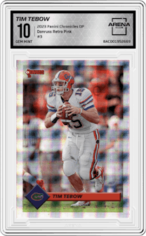 Tim Tebow from the 2023 Panini Chronicles Draft Picks set featuring a Pink parallel graded by Arena Club and given an overall grade of 10.