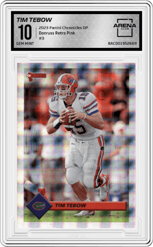 Tim Tebow from the 2023 Panini Chronicles Draft Picks set featuring a Pink parallel graded by Arena Club and given an overall grade of 10.