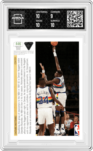 Dikembe Mutombo from the 1991-92 Upper Deck set graded by Arena Club and given an overall grade of 9.5.