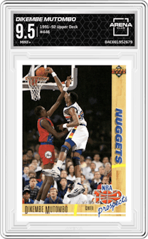 Dikembe Mutombo from the 1991-92 Upper Deck set graded by Arena Club and given an overall grade of 9.5.