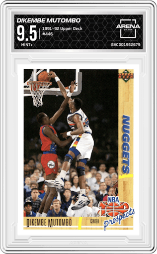 Dikembe Mutombo from the 1991-92 Upper Deck set graded by Arena Club and given an overall grade of 9.5.