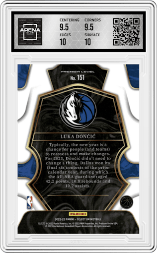 Luka Doncic from the 2022-23 Panini Select set featuring a Blue Retail parallel graded by Arena Club and given an overall grade of 10.