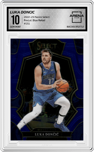 Luka Doncic from the 2022-23 Panini Select set featuring a Blue Retail parallel graded by Arena Club and given an overall grade of 10.