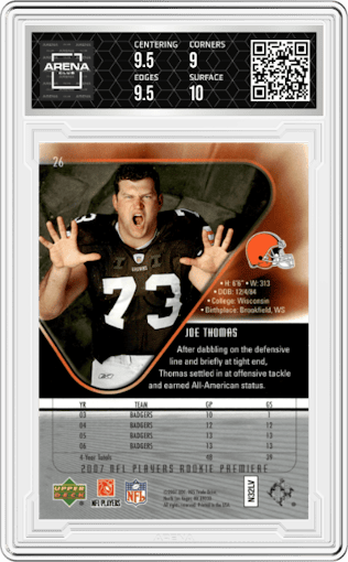 Joe Thomas  from the 2007 Upper Deck Rookie Premiere Box Set set graded by Arena Club and given an overall grade of 9.5.