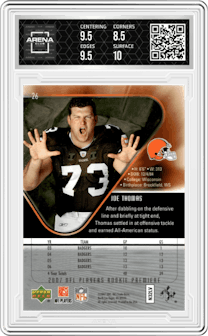 Joe Thomas  from the 2007 Upper Deck Rookie Premiere Box Set set graded by Arena Club and given an overall grade of 9.