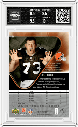 Joe Thomas  from the 2007 Upper Deck Rookie Premiere Box Set set graded by Arena Club and given an overall grade of 9.