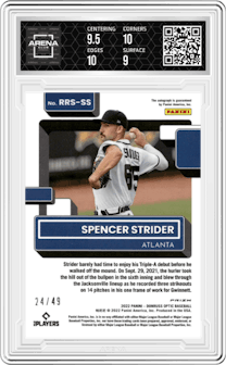 Spencer Strider from the 2022 Donruss Optic set featuring a Green Stars parallel graded by Arena Club and given an overall grade of 9.5.