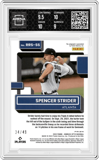 Spencer Strider from the 2022 Donruss Optic set featuring a Green Stars parallel graded by Arena Club and given an overall grade of 9.5.
