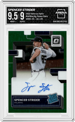 Spencer Strider from the 2022 Donruss Optic set featuring a Green Stars parallel graded by Arena Club and given an overall grade of 9.5.