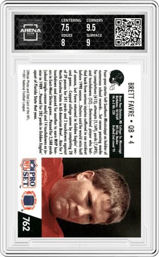 Brett Favre from the 1991 Pro Set set graded by Arena Club and given an overall grade of 8.