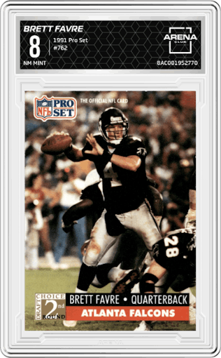 Brett Favre from the 1991 Pro Set set graded by Arena Club and given an overall grade of 8.