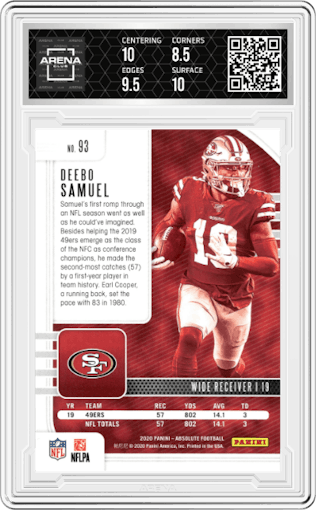 Deebo Samuel from the 2020 Panini Absolute set featuring a Orange Mosaic parallel graded by Arena Club and given an overall grade of 9.