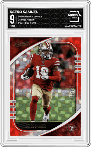 Deebo Samuel from the 2020 Panini Absolute set featuring a Orange Mosaic parallel graded by Arena Club and given an overall grade of 9.