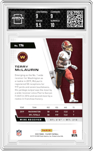 Terry McLaurin from the 2020 Panini Playoff set featuring a 1st Down parallel graded by Arena Club and given an overall grade of 9.5.