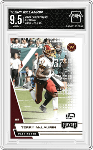Terry McLaurin from the 2020 Panini Playoff set featuring a 1st Down parallel graded by Arena Club and given an overall grade of 9.5.