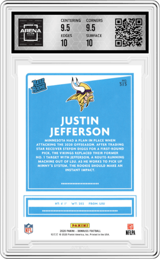 Justin Jefferson from the 2020 Panini Donruss set graded by Arena Club and given an overall grade of 10.