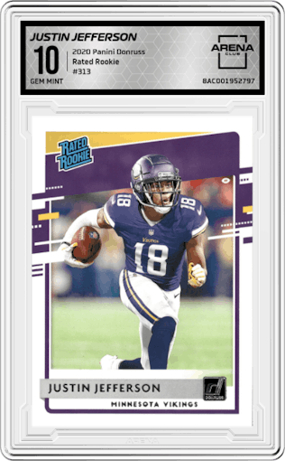 Justin Jefferson from the 2020 Panini Donruss set graded by Arena Club and given an overall grade of 10.