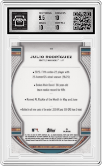 Julio Rodríguez from the 2023 Topps Tribute set graded by Arena Club and given an overall grade of 10.