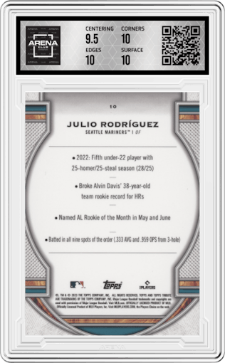 Julio Rodríguez from the 2023 Topps Tribute set graded by Arena Club and given an overall grade of 10.