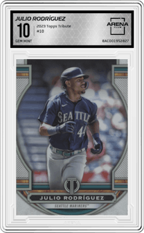 Julio Rodríguez from the 2023 Topps Tribute set graded by Arena Club and given an overall grade of 10.