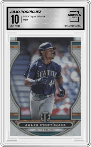 Julio Rodríguez from the 2023 Topps Tribute set graded by Arena Club and given an overall grade of 10.