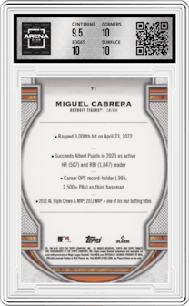 Miguel Cabrera from the 2023 Topps Tribute set graded by Arena Club and given an overall grade of 10.
