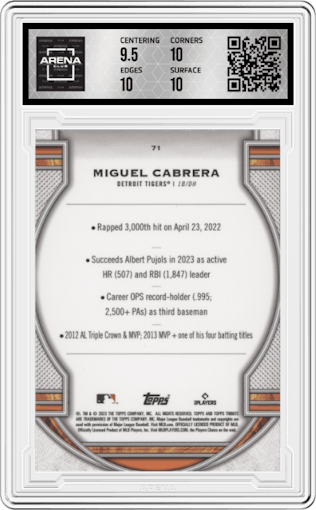 Miguel Cabrera from the 2023 Topps Tribute set graded by Arena Club and given an overall grade of 10.