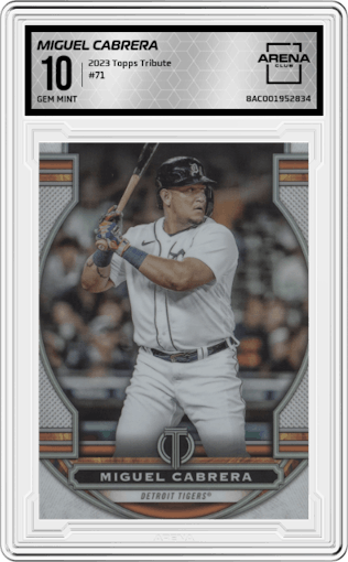 Miguel Cabrera from the 2023 Topps Tribute set graded by Arena Club and given an overall grade of 10.
