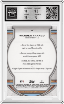 Wander Franco from the 2023 Topps Tribute set graded by Arena Club and given an overall grade of 10.