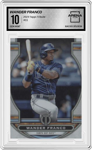 Wander Franco from the 2023 Topps Tribute set graded by Arena Club and given an overall grade of 10.