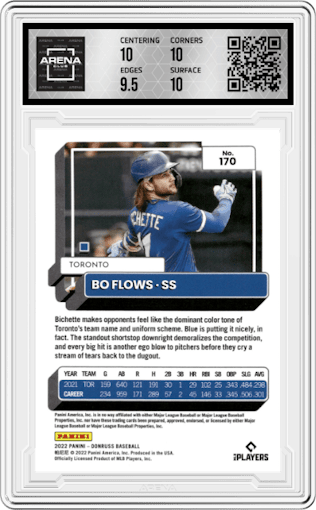 Bo Flows from the 2022 Panini Donruss set featuring a Career Stat Line
 parallel graded by Arena Club and given an overall grade of 10.